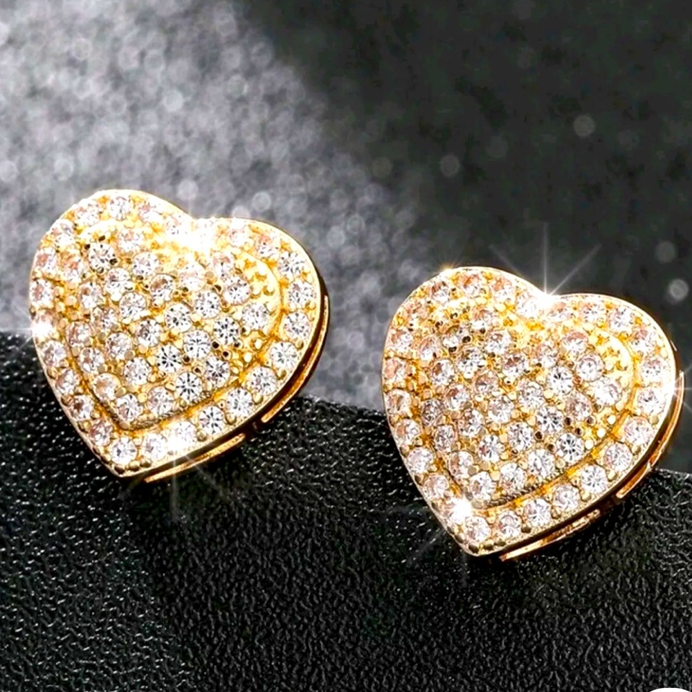 HEART SHAPED CUBIC ZIRCONIA PAVE STUD  GOLD TONE, VALENTINE’S DAY GIFT EARRINGS